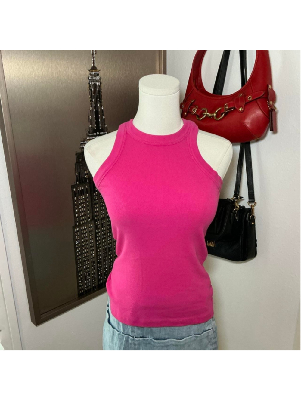 LOFT Hot Pink Ribbed High Neck Tank Top Size Small Petite